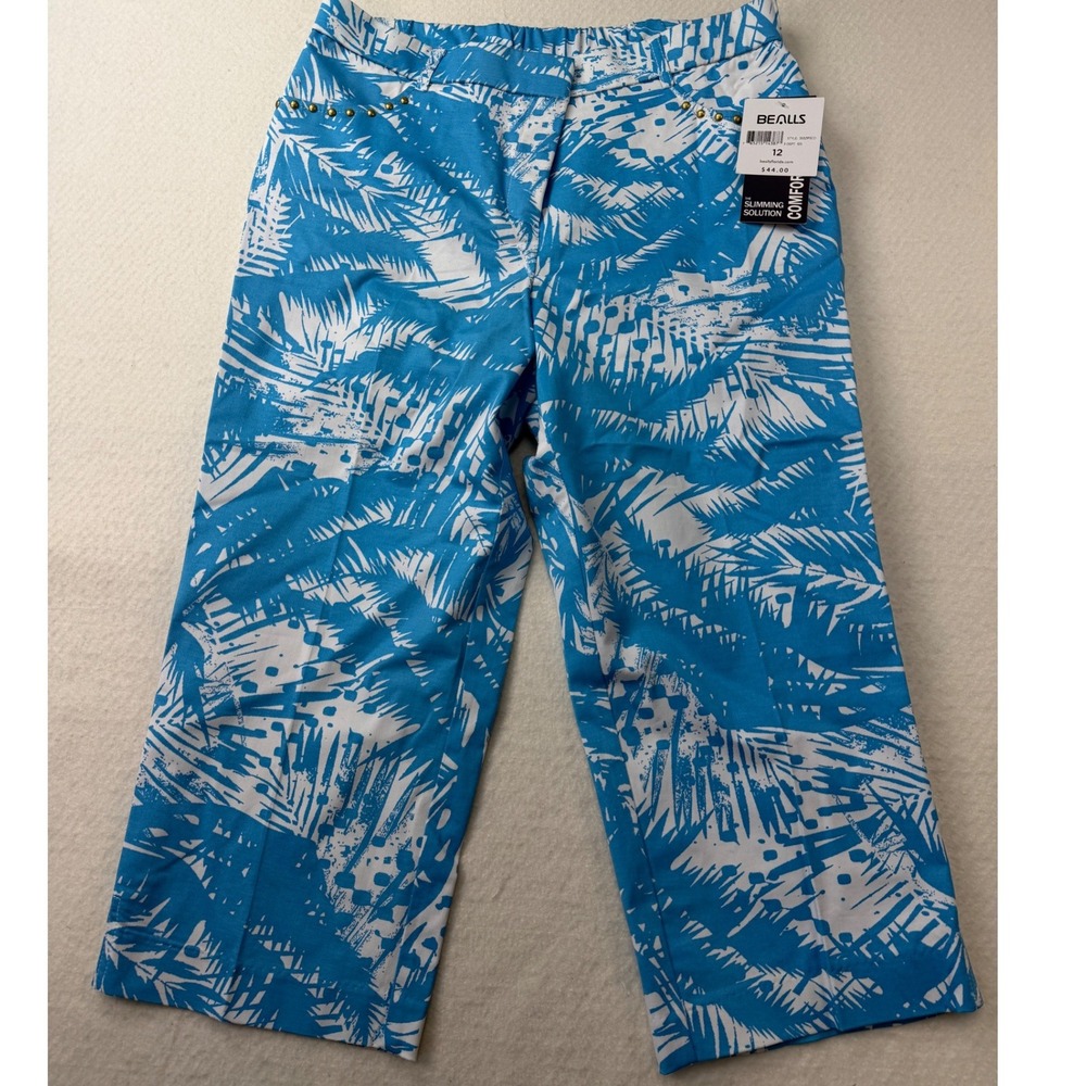 Coral Bay Women Blue White Tropical Palm Print Slimming Crop Pants Size 12 NEW